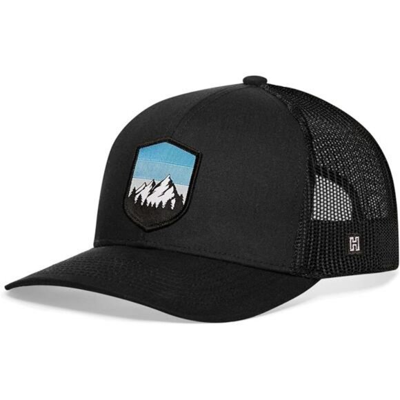 Black Trucker Hat Mountain Patch Mesh Snapback Camping Hiking Golf Cap Unisex - Picture 2 of 7